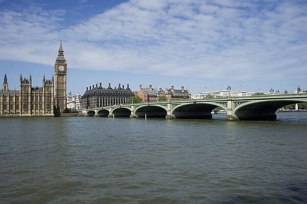 View of river and bridge in city, Westminster Bridge, Palace of Westminster (Houses of Parliament), River Thames