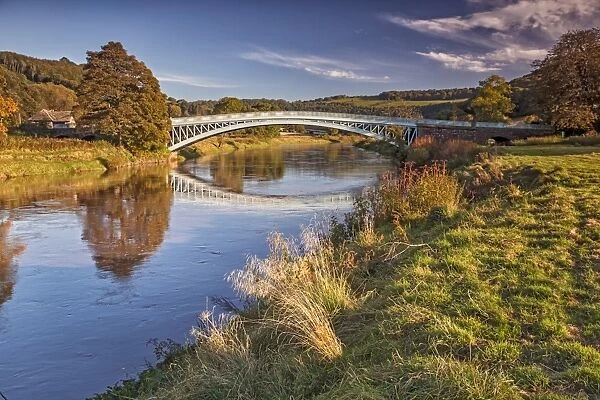 View of river and bridge at dawn, Bigsweir Bridge, Bigsweir, River Wye, Wye Valley, Monmouthshire, Wales, October