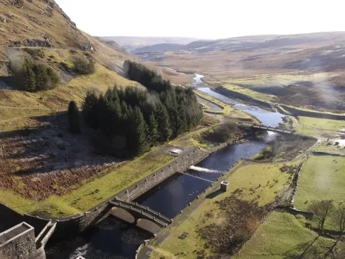 Framed Print : View of river and bridges from dam, Claerwen Dam, Elan Valley, Powys, Wales, january