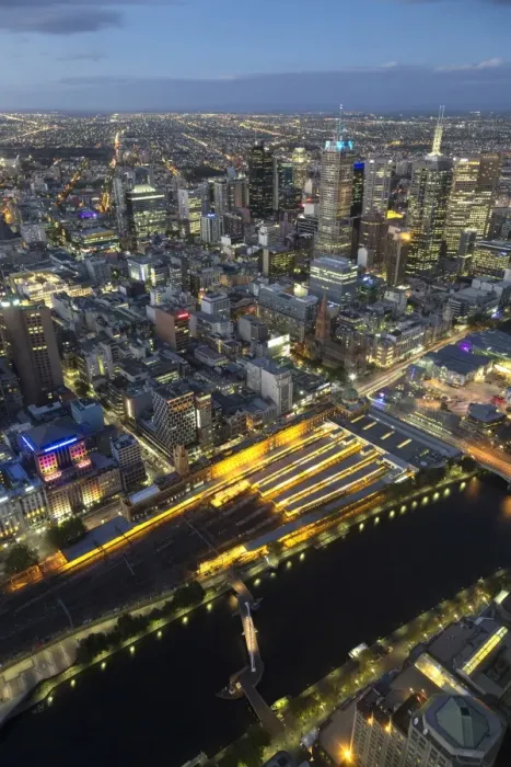 Framed Print : View of river and city skyline at night, looking from Eureka Tower, Yarra River, Melbourne, Victoria, Australia