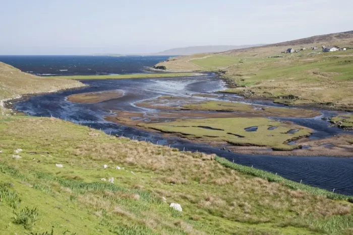 Framed Print : View of river entering sea, Laxo Burn, Laxo Voe, Mainland, Shetland Islands, Scotland, June Framed Print : View of river entering sea, Laxo Burn, Laxo Voe, Mainland, Shetland Islands, Scotland, June