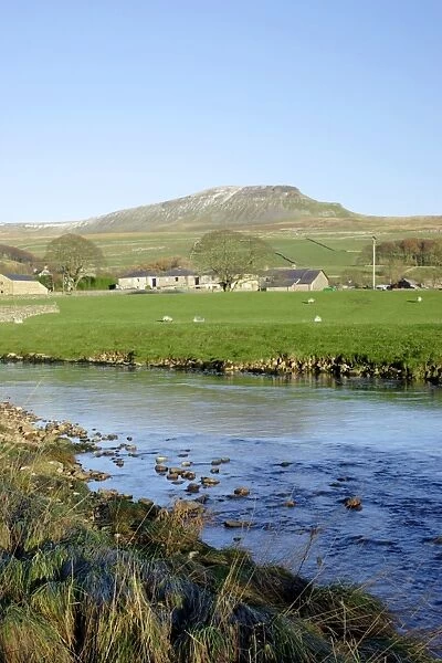 View of river and fell, River Ribble, Pen-y-ghent in distance, Horton-in-Ribblesdale, Ribblesdale, Yorkshire Dales N. P