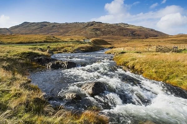 View of river beside road in upland habitat, looking towards Hardknott Pass, Moasdale Beck, Lake District N. P