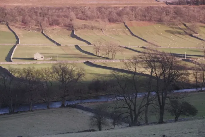 Framed Print : View of river, stone building, drystone walls, bare trees and hillside in evening light, River Wharfe, Kettlewell Framed Print : View of river, stone building, drystone walls, bare trees and hillside in evening light, River Wharfe, Kettlewell