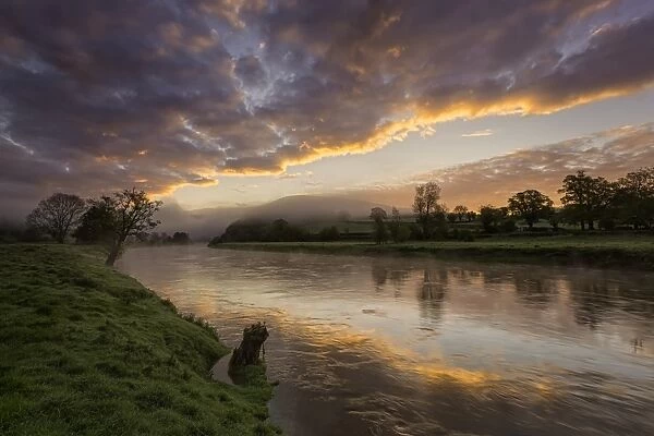 View of river at sunrise, Bigsweir, River Wye, Wye Valley, Monmouthshire, South Wales, May