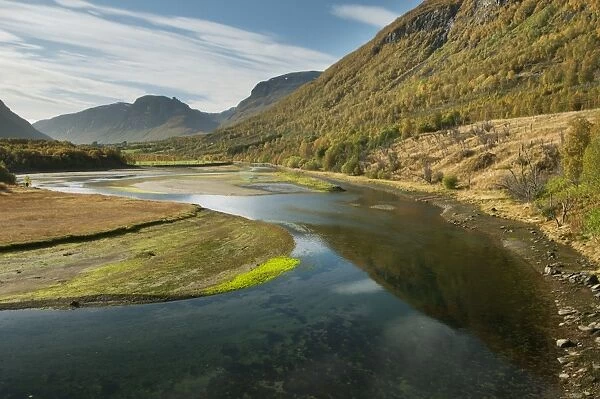 View of river tributary entering fjord, Lyngen Fjord, Troms County, Lapland, North Norway, September