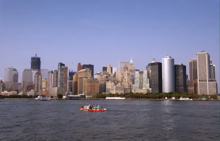 Framed Print : View of river with U. S. Coast Guard boats and city skyline, Hudson River, Manhattan Island, New York City Framed Print : View of river with U. S. Coast Guard boats and city skyline, Hudson River, Manhattan Island, New York City
