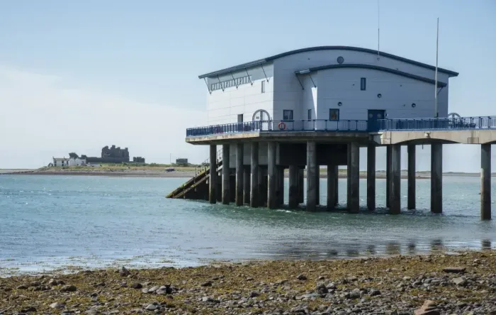 Framed Print : View of RNLI lifeboat station overlooking Piel Channel and Piel Island, Roa Island, Islands of Furness Framed Print : View of RNLI lifeboat station overlooking Piel Channel and Piel Island, Roa Island, Islands of Furness