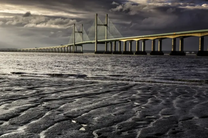 Framed Print : View of road bridge over river at dawn, viewed from Divers Rock at Sudbrook, Second Severn Crossing, River Severn Framed Print : View of road bridge over river at dawn, viewed from Divers Rock at Sudbrook, Second Severn Crossing, River Severn