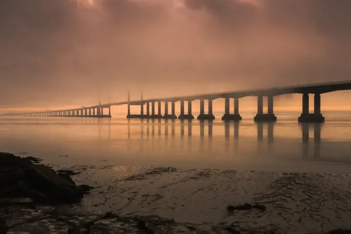 Framed Print : View of road bridge over river shrouded in mist at sunrise, viewed from Divers Rock at Sudbrook Framed Print : View of road bridge over river shrouded in mist at sunrise, viewed from Divers Rock at Sudbrook