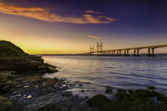 Framed Print : View of road bridge over river at sunrise, viewed from Divers Rock at Sudbrook, Second Severn Crossing, River Severn Framed Print : View of road bridge over river at sunrise, viewed from Divers Rock at Sudbrook, Second Severn Crossing, River Severn