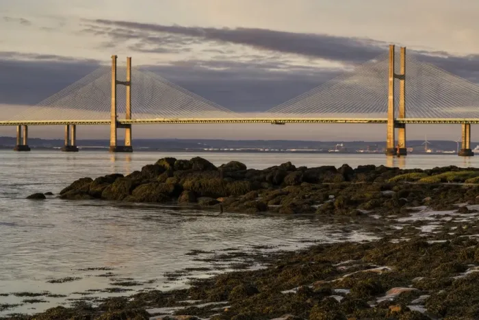 Framed Print : View of road bridge over river at sunrise, viewed from Black Rock near Portskewett, Second Severn Crossing Framed Print : View of road bridge over river at sunrise, viewed from Black Rock near Portskewett, Second Severn Crossing