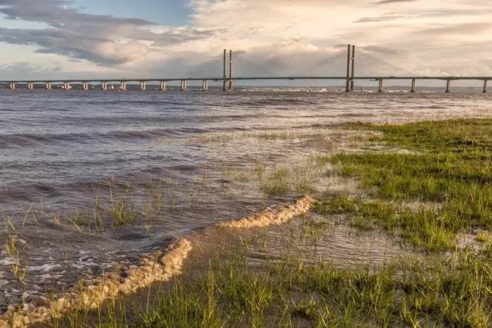 Framed Print : View of road bridge over river at sunset, viewed from Black Rock near Portskewett, Second Severn Crossing