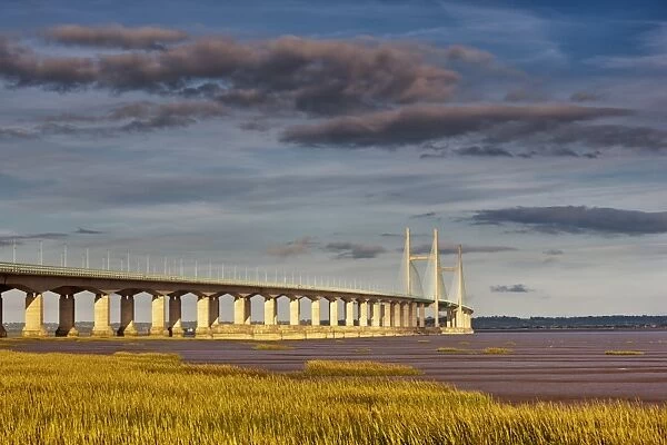 View of road bridge over river at sunset, viewed from Caldicot, Second Severn Crossing, River Severn, Severn Estuary