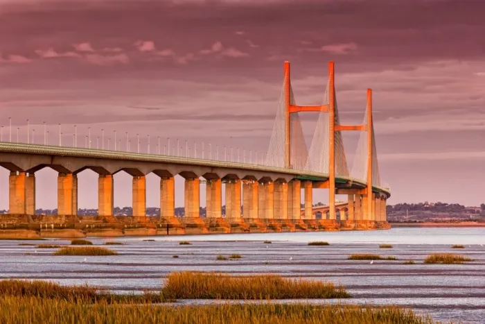Framed Print : View of road bridge over river at sunset, viewed from Caldicot, Second Severn Crossing, River Severn, Severn Estuary Framed Print : View of road bridge over river at sunset, viewed from Caldicot, Second Severn Crossing, River Severn, Severn Estuary