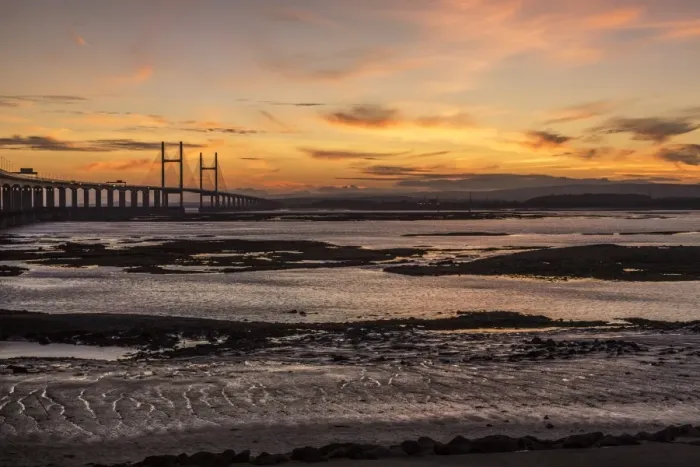 Framed Print : View of road bridge over river at sunset, viewed from Severn Beach, Second Severn Crossing, River Severn Framed Print : View of road bridge over river at sunset, viewed from Severn Beach, Second Severn Crossing, River Severn