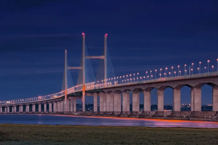 Framed Print : View of road bridge over river at twilight, viewed from Caldicot, Second Severn Crossing, River Severn, Severn Estuary Framed Print : View of road bridge over river at twilight, viewed from Caldicot, Second Severn Crossing, River Severn, Severn Estuary