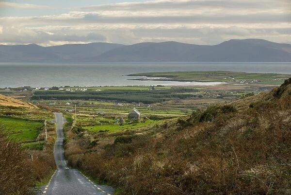 View of road and coastal village, Dunquin, Dingle Peninsula, County Kerry, Munster, Ireland, November