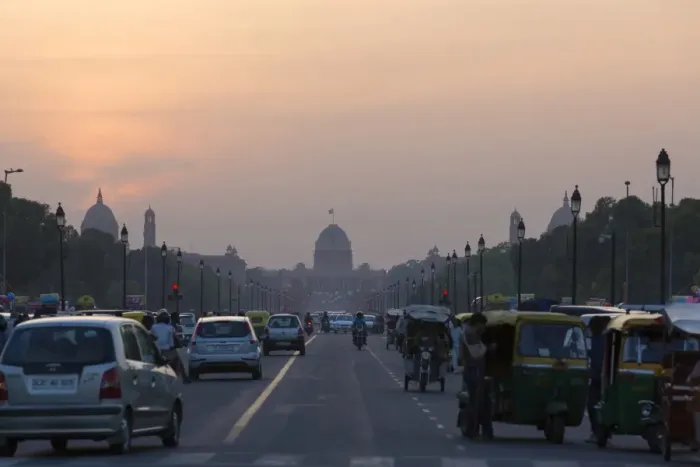 Framed Print : View of road with traffic and government buildings at dusk, New Delhi, Delhi, India, March Framed Print : View of road with traffic and government buildings at dusk, New Delhi, Delhi, India, March