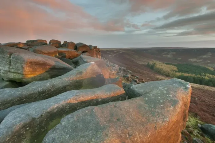 Framed Print : View of rocks and moorland habitat at sunrise, looking from Higger Tor towards Burbage Moor, Peak District N. P Framed Print : View of rocks and moorland habitat at sunrise, looking from Higger Tor towards Burbage Moor, Peak District N. P