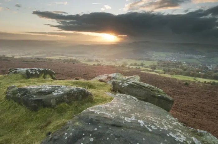 Framed Print : View of rocks and moorland habitat at sunset, looking from Baslow Edge towards Calver, Peak District N. P Framed Print : View of rocks and moorland habitat at sunset, looking from Baslow Edge towards Calver, Peak District N. P