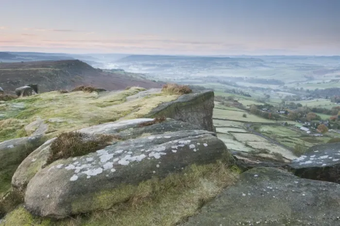 Framed Print : View of rocks and moorland across valley in frost at sunrise, Curbar Gap, Dark Peak, Peak District N. P Framed Print : View of rocks and moorland across valley in frost at sunrise, Curbar Gap, Dark Peak, Peak District N. P