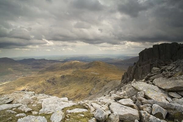 View of rocks on summit of mountain, Glyder Fach, Glyderau, Snowdonia, Conwy, Wales, may