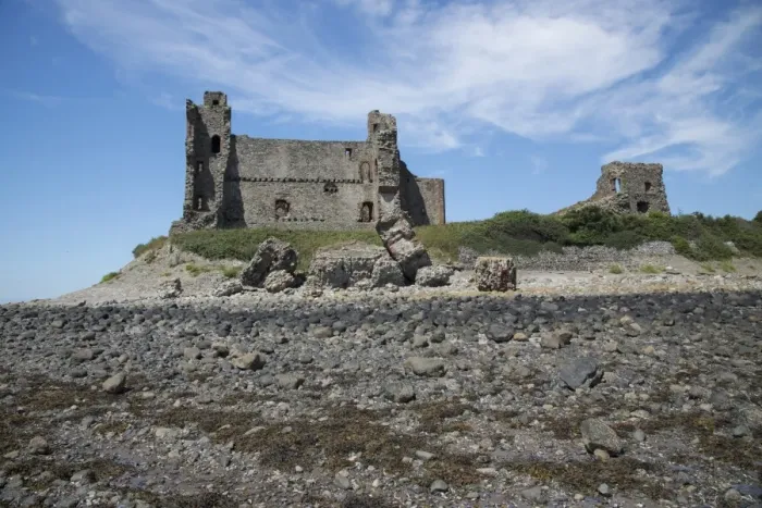 Framed Print : View of rocky beach and ruined castle, Piel Castle, Piel Island, Islands of Furness, Barrow-in-Furness, Cumbria