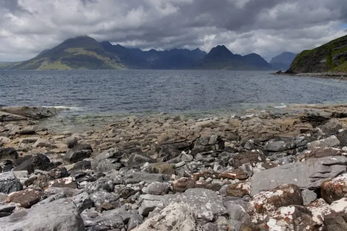 Framed Print : View from rocky beach across sea loch towards, Cullin Mountains, Loch Scavaig, Elgol, Strathaird Peninsula Framed Print : View from rocky beach across sea loch towards, Cullin Mountains, Loch Scavaig, Elgol, Strathaird Peninsula