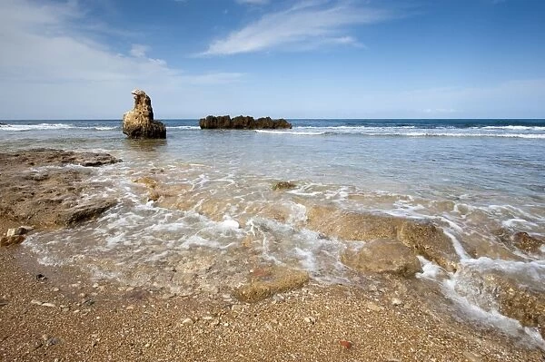 View of rocky coastline, Les Rotes Beach, Denia, Marina Alta, Costa Blanca, Alicante Province, Valencia, Spain, May