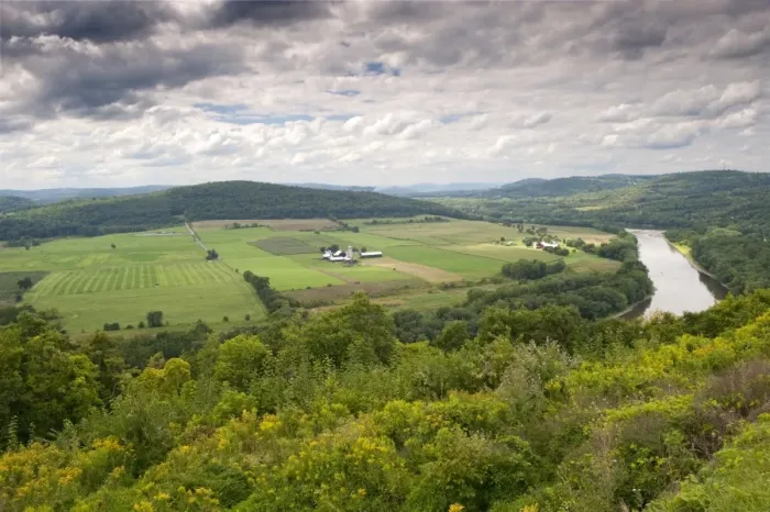 Framed Print : View over rolling farmland and river, overlooking site for planned settlement of refugees fleeing after French Framed Print : View over rolling farmland and river, overlooking site for planned settlement of refugees fleeing after French