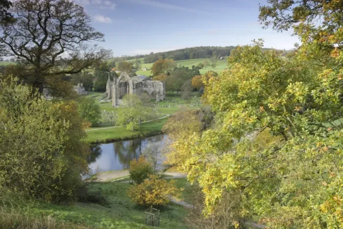 Framed Print : View of ruined 12th century Augustinian priory and river, Bolton Priory, River Wharfe, Bolton Abbey Estate, Wharfedale, Yorkshire Dales N. P. North Yorkshire, England, october