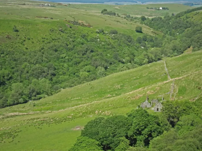 Framed Print : View of ruined buildings and wooded valley, Balkissock, South Ayrshire, Scotland, june