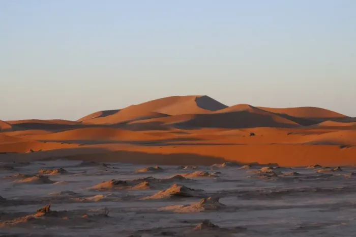 Framed Print : View of sand dunes at edge of desert, Sahara, Morocco, january