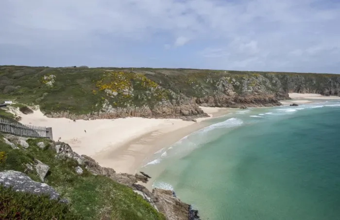 Framed Print : View of sandy beach and coastline, Porthcurno, Cornwall, England, May