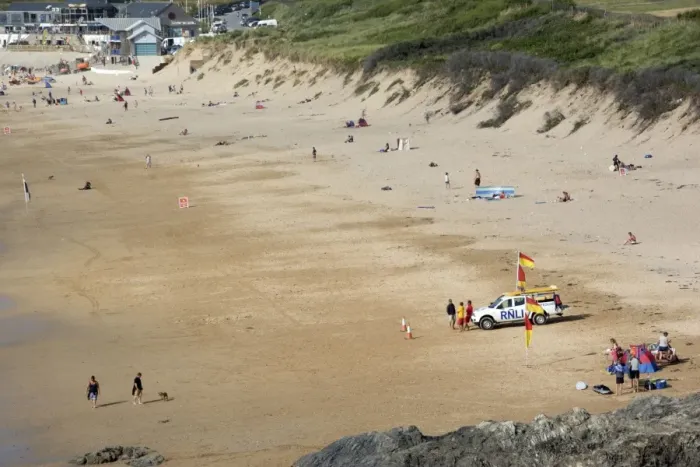 Framed Print : View of sandy beach with RNLI Lifeguards on standby, Fistral Beach, Fistral Bay, Newquay, Cornwall, England, July Framed Print : View of sandy beach with RNLI Lifeguards on standby, Fistral Beach, Fistral Bay, Newquay, Cornwall, England, July