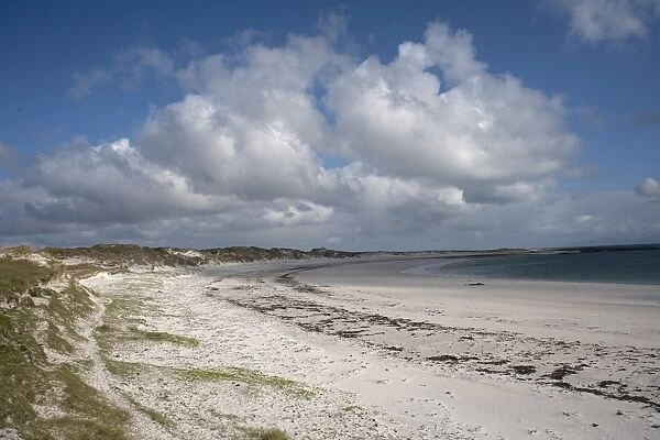 View of sandy beach and sea, Traigh nam Faoghailean, North Uist, Outer Hebrides, Scotland