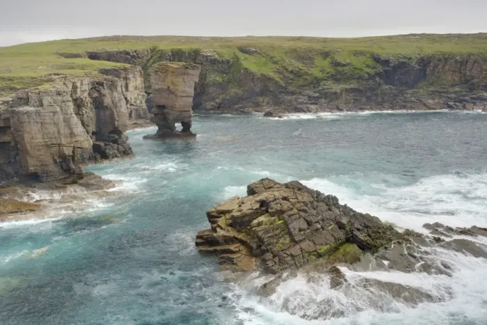 Framed Print : View of sea cliffs and offshore stack, Yesnaby Castle, Yesnaby, Mainland, Orkney, Scotland, june