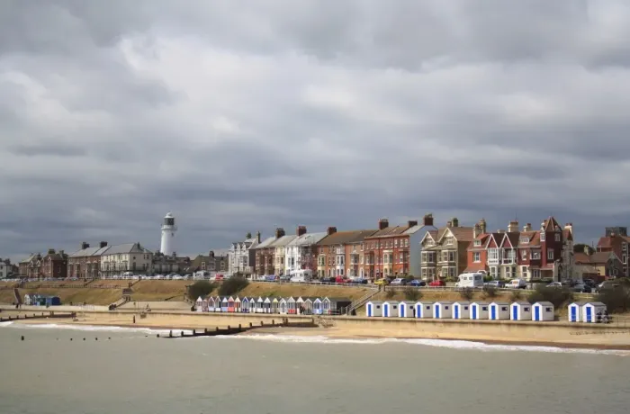 Framed Print : View of seaside town and stormclouds, Southwold, Suffolk, England, may Framed Print : View of seaside town and stormclouds, Southwold, Suffolk, England, may