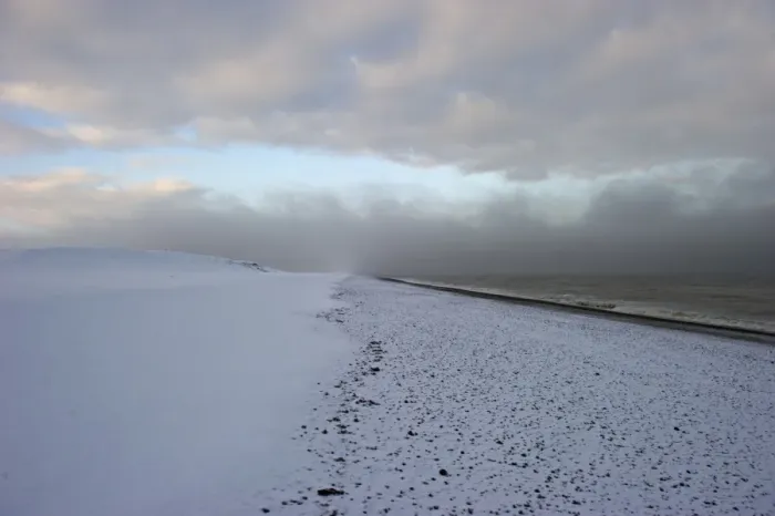 Framed Print : View of snow covered beach, Salthouse, Norfolk, England, december