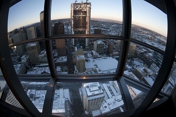 View of snow covered city from observation tower, Calgary Tower, Calgary, Alberta, Canada