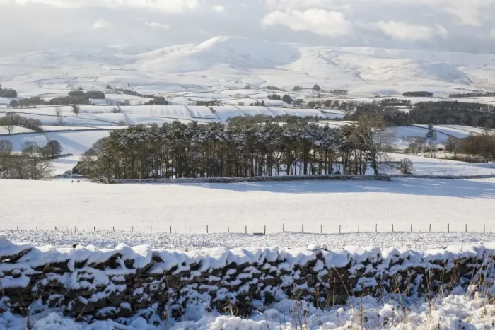 Framed Print : View over snow covered farmland and conifer trees, Ravenstonedale Common, Ravenstonedale, Cumbria, England, December