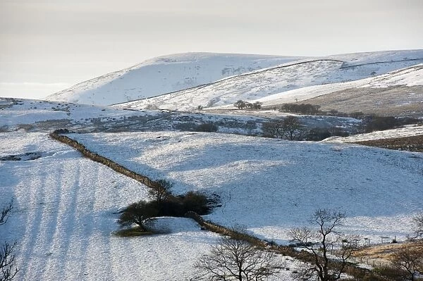 View of snow covered farmland and fell, looking towards Parlick Hill and Saddle Fell from Long Knots, Whitewell, Lancashire, England, december
