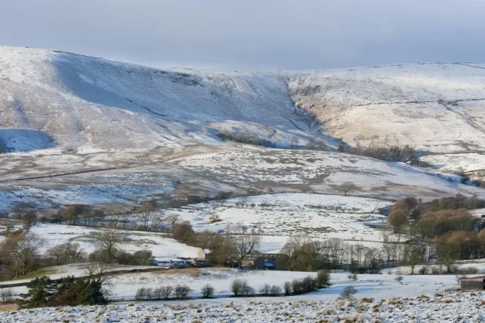 Framed Print : View of snow covered farmland and fell, looking towards Whitmore Fell from Long Knots over Higher Fence Wood, Whitewell, Lancashire, England, december Framed Print : View of snow covered farmland and fell, looking towards Whitmore Fell from Long Knots over Higher Fence Wood, Whitewell, Lancashire, England, december