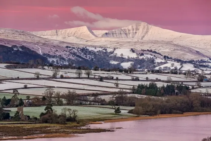 Framed Print : View of snow covered farmland and hills at sunrise, looking from Mynydd Llangorse, Llangorse Lake, Brecon Beacons N. P Framed Print : View of snow covered farmland and hills at sunrise, looking from Mynydd Llangorse, Llangorse Lake, Brecon Beacons N. P