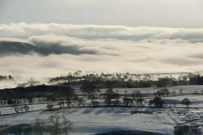 Framed Print : View of snow covered farmland in mist, looking towards Longridge Fell from Long Knots, Whitewell, Lancashire, England, december