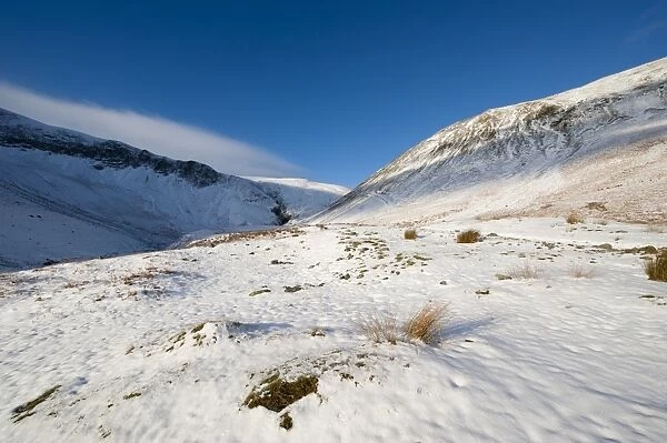 View of snow covered hills, Cautley Spout and Yarlside, on eastern edge of Howgill Fells, Cumbria, England, december