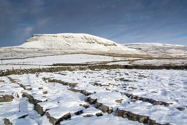 View of snow covered limestone outcrop and drystone walls, with Pen-y-ghent in background, Yorkshire Dales N. P