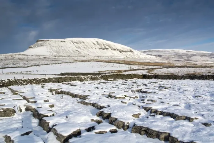 Framed Print : View of snow covered limestone outcrop and drystone walls, with Pen-y-ghent in background, Yorkshire Dales N. P Framed Print : View of snow covered limestone outcrop and drystone walls, with Pen-y-ghent in background, Yorkshire Dales N. P