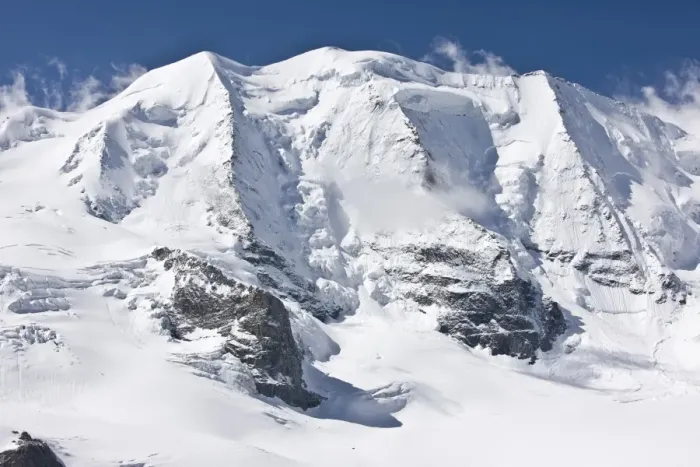 Framed Print : View of snow covered mountain peak at 3905m, Piz Palu, Bernina Group, Upper Engadin Valley, Swiss Alps, Switzerland